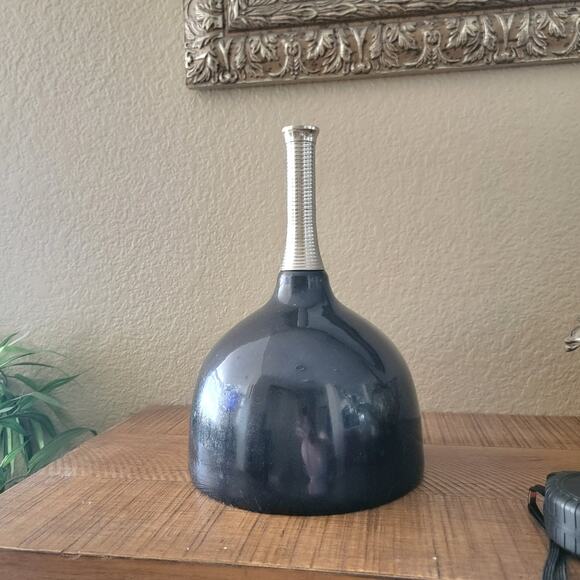 Vintage Modernist Black Vase with Ribbed Silver Neck
